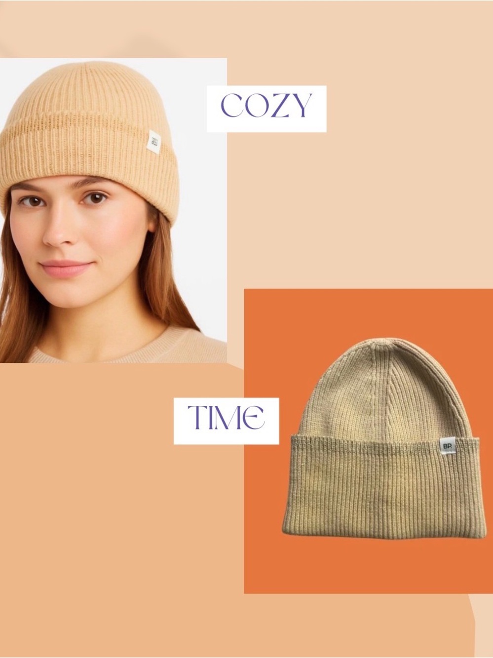 BP. Nordstrom Cream Ribbed Knit Cuffed Beanie Hat OS Gold Metallic Trim